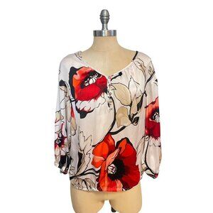 White House Black Market Red Black Floral Polyester Blouse Medium